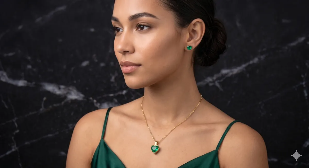 Amore Mio — Heart-cut emerald necklace and earring set worn by a model