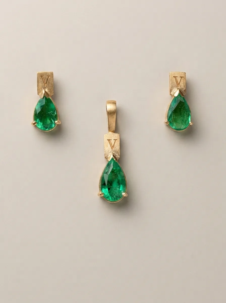 Drops of Eden — Three-piece pear-cut emerald origin set, 18k gold